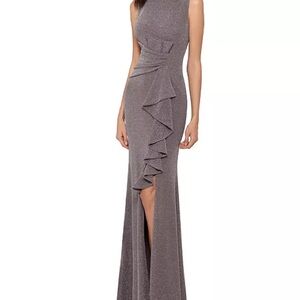 Stunning Betsy & Adam Cascade-Front Glitter Dress Size 6 Taupe/Silver
